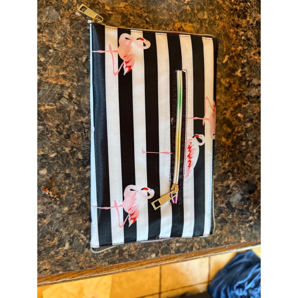 Striped Flamingo Print Foldable Tote Bag Black White Pink Nylon Travel Pouch